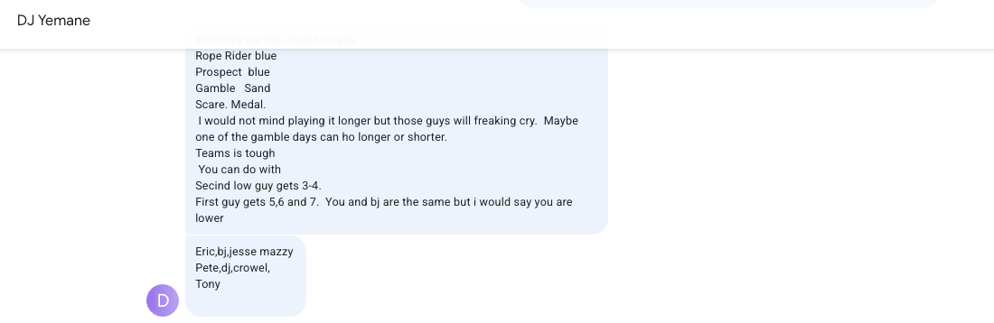 Screenshot of DJ Yemane’s messages proposing the tee choices and the two team rosters